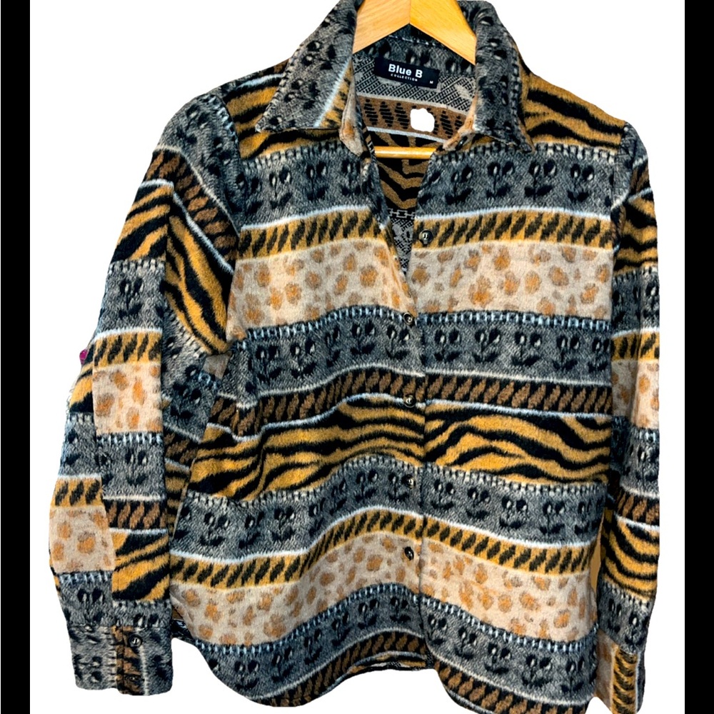 Blue B Brown Black Gray Leopard Print animal Rayon Button Up Jacket 31166J MED M